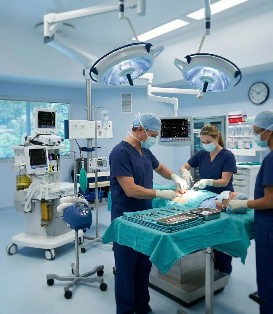 Surgical team operating in a fully equipped OR supported by Mart Medical refurbished equipment